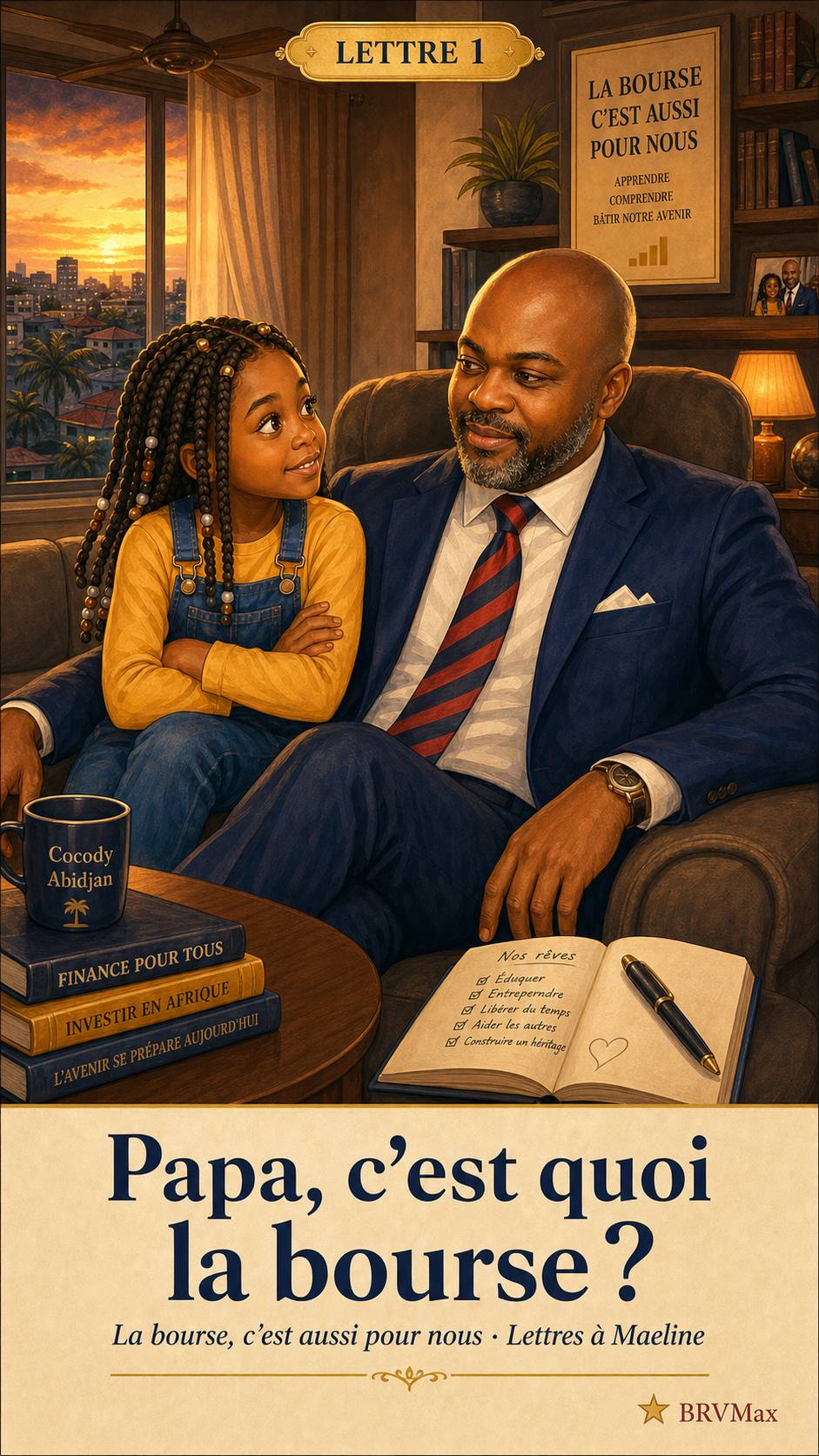 Maéline, 8 ans, et son papa discutent de la bourse dans leur salon à Cocody, Abidjan — illustration aquarelle